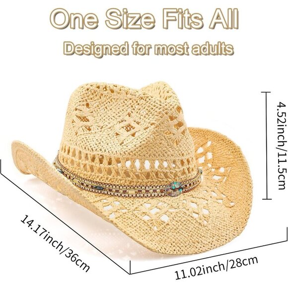 Women\'s Straw Wide with Shapeable Brim Cowboy Hat White/Beige + Chains Hat